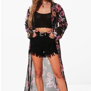 BOOHOO MAXI FLORAL CHIFFON KIMONO